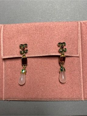 Vintage garnet rose quartz enamel gold sterling dangle earrings